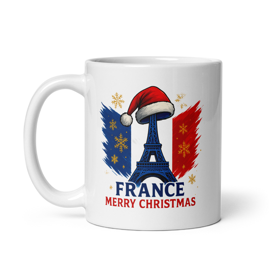 Mug Tour Eiffel édition spéciale Noël – motif Tour Eiffel bonnet de Père Noël drapeau bleu-blanc-rouge, idée cadeau France
